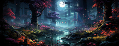 Mystical landscape with glowing trees, moonlit sky, and serene waters in a fantasy world setting. Perfect for dreamy designsの素材