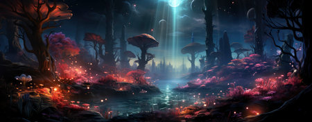 Mystical landscape with glowing trees, moonlit sky, and serene waters in a fantasy world setting. Perfect for dreamy designsの素材