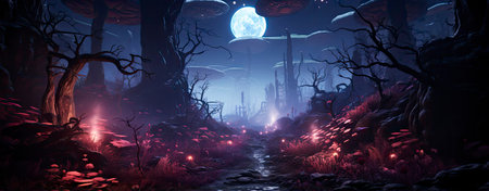 Mystical landscape with glowing trees, moonlit sky, and serene waters in a fantasy world setting. Perfect for dreamy designsの素材