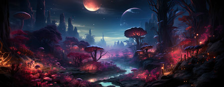 Mystical landscape with glowing trees, moonlit sky, and serene waters in a fantasy world setting. Perfect for dreamy designsの素材