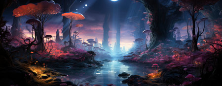 Mystical forest landscape with glowing flora, serene water, and floating orbs under a starry skyの素材