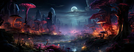 Mystical forest landscape with glowing flora, serene water, and floating orbs under a starry skyの素材
