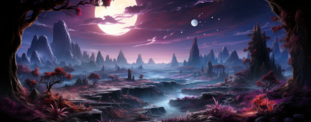Mystical forest landscape with glowing flora, serene water, and floating orbs under a starry skyの素材