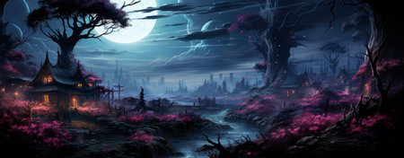 Mystical forest landscape with glowing flora, serene water, and floating orbs under a starry skyの素材