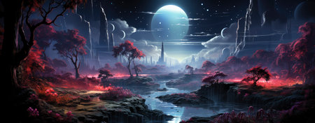 Mystical forest landscape with glowing flora, serene water, and floating orbs under a starry skyの素材