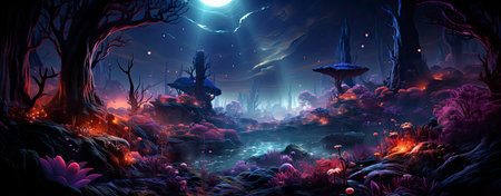 Mystical forest landscape with glowing flora, serene water, and floating orbs under a starry skyの素材