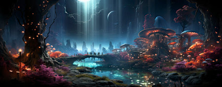 Mystical forest landscape with glowing flora, serene water, and floating orbs under a starry skyの素材