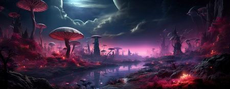 Mystical forest landscape with glowing flora, serene water, and floating orbs under a starry skyの素材