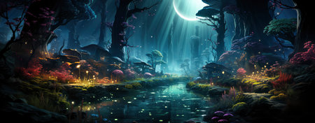 Mystical forest landscape with glowing flora, serene water, and floating orbs under a starry skyの素材