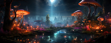 Mystical forest landscape with glowing flora, serene water, and floating orbs under a starry skyの素材