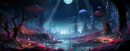 Mystical forest landscape with glowing flora, serene water, and floating orbs under a starry skyの素材