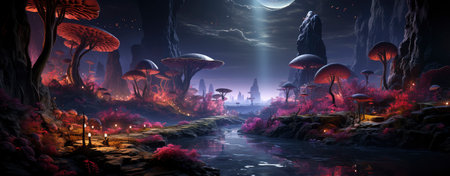 Mystical forest landscape with glowing flora, serene water, and floating orbs under a starry skyの素材