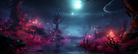 Mystical forest landscape with glowing flora, serene water, and floating orbs under a starry skyの素材