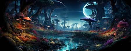 Mystical forest landscape with glowing flora, serene water, and floating orbs under a starry skyの素材