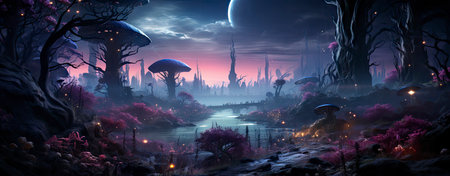 Mystical forest landscape with glowing flora, serene water, and floating orbs under a starry skyの素材