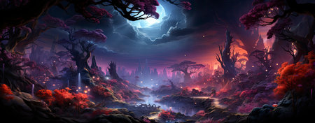 Mystical forest landscape with glowing flora, serene water, and floating orbs under a starry skyの素材