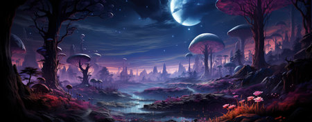 Mystical forest landscape with glowing flora, serene water, and floating orbs under a starry skyの素材