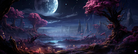 Mystical forest landscape with glowing flora, serene water, and floating orbs under a starry skyの素材