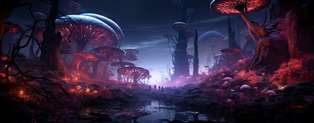 Mystical forest landscape with glowing flora, serene water, and floating orbs under a starry skyの素材