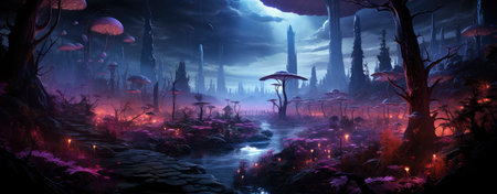 Mystical forest landscape with glowing flora, serene water, and floating orbs under a starry skyの素材