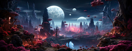 Mystical forest landscape with glowing flora, serene water, and floating orbs under a starry skyの素材