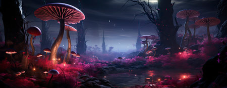 Mystical forest landscape with glowing flora, serene water, and floating orbs under a starry skyの素材
