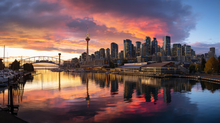 Sunset over city skyline with reflections in water, iconic tower and bridge in viewの素材