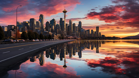 Sunset over city skyline with reflections in water, iconic tower and bridge in viewの素材