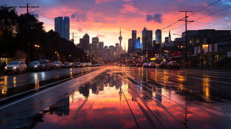 Sunset over city skyline with reflections in water, iconic tower and bridge in viewの素材