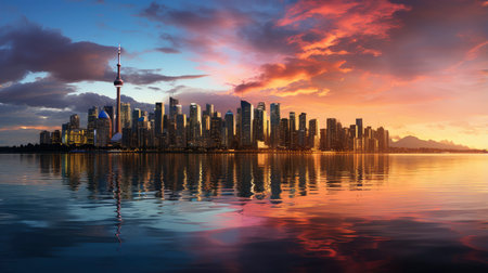 Sunset over city skyline with reflections in water, iconic tower and bridge in viewの素材