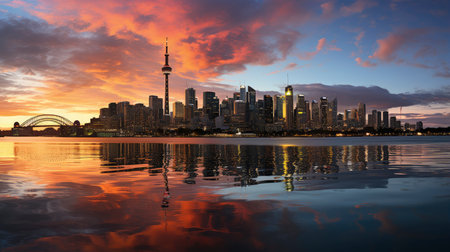 Sunset over city skyline with reflections in water, iconic tower and bridge in viewの素材
