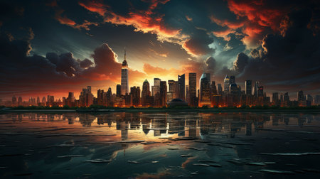Sunset over city skyline with reflections in water, iconic tower and bridge in viewの素材