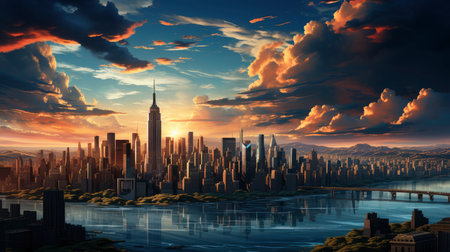 Sunset over city skyline with reflections in water, iconic tower and bridge in viewの素材