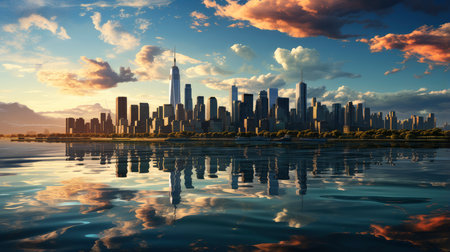 Sunset over city skyline with reflections in water, iconic tower and bridge in viewの素材