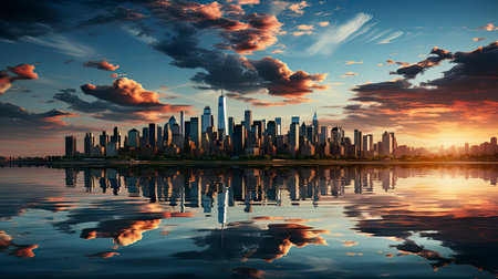 Sunset over city skyline with reflections in water, iconic tower and bridge in viewの素材