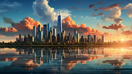 Sunset over city skyline with reflections in water, iconic tower and bridge in viewの素材