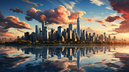Sunset over city skyline with reflections in water, iconic tower and bridge in viewの素材