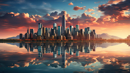 Sunset over city skyline with reflections in water, iconic tower and bridge in viewの素材