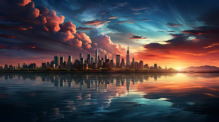 Sunset over city skyline with reflections in water, iconic tower and bridge in viewの素材