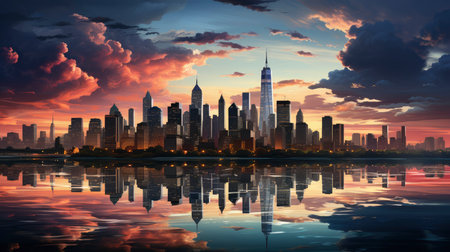 Sunset over city skyline with reflections in water, iconic tower and bridge in viewの素材