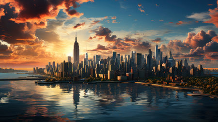 Sunset over city skyline with reflections in water, iconic tower and bridge in viewの素材
