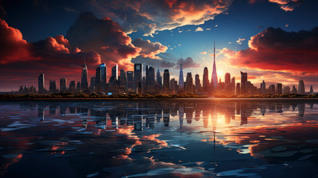 Sunset over city skyline with reflections in water, iconic tower and bridge in viewの素材