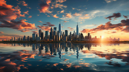 Sunset over city skyline with reflections in water, iconic tower and bridge in viewの素材