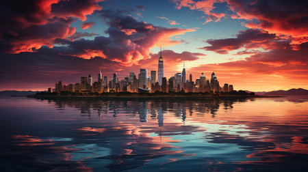 Sunset over city skyline with reflections in water, iconic tower and bridge in viewの素材