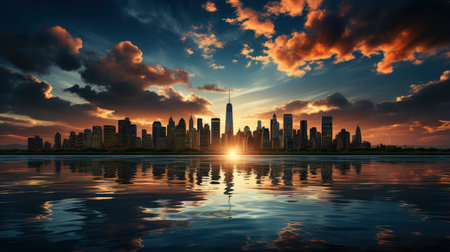 Sunset over city skyline with reflections in water, iconic tower and bridge in viewの素材