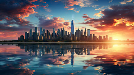 Sunset over city skyline with reflections in water, iconic tower and bridge in viewの素材