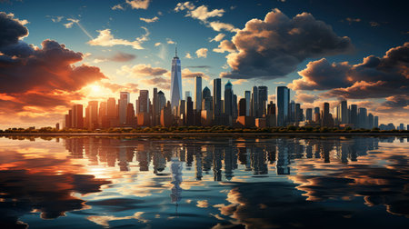 Sunset over city skyline with reflections in water, iconic tower and bridge in viewの素材