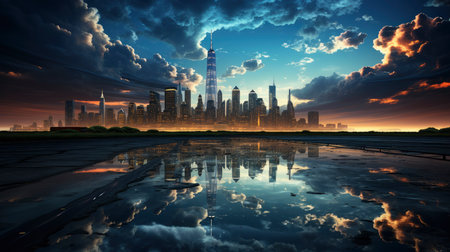 Sunset over city skyline with reflections in water, iconic tower and bridge in viewの素材