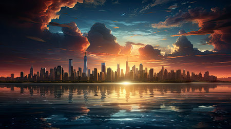 Sunset over city skyline with reflections in water, iconic tower and bridge in viewの素材