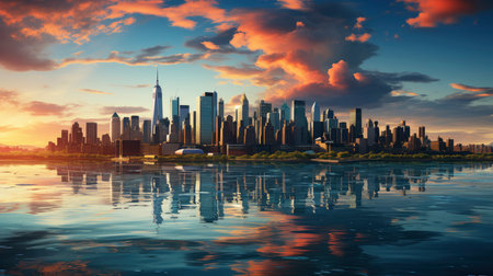 Sunset over city skyline with reflections in water, iconic tower and bridge in viewの素材